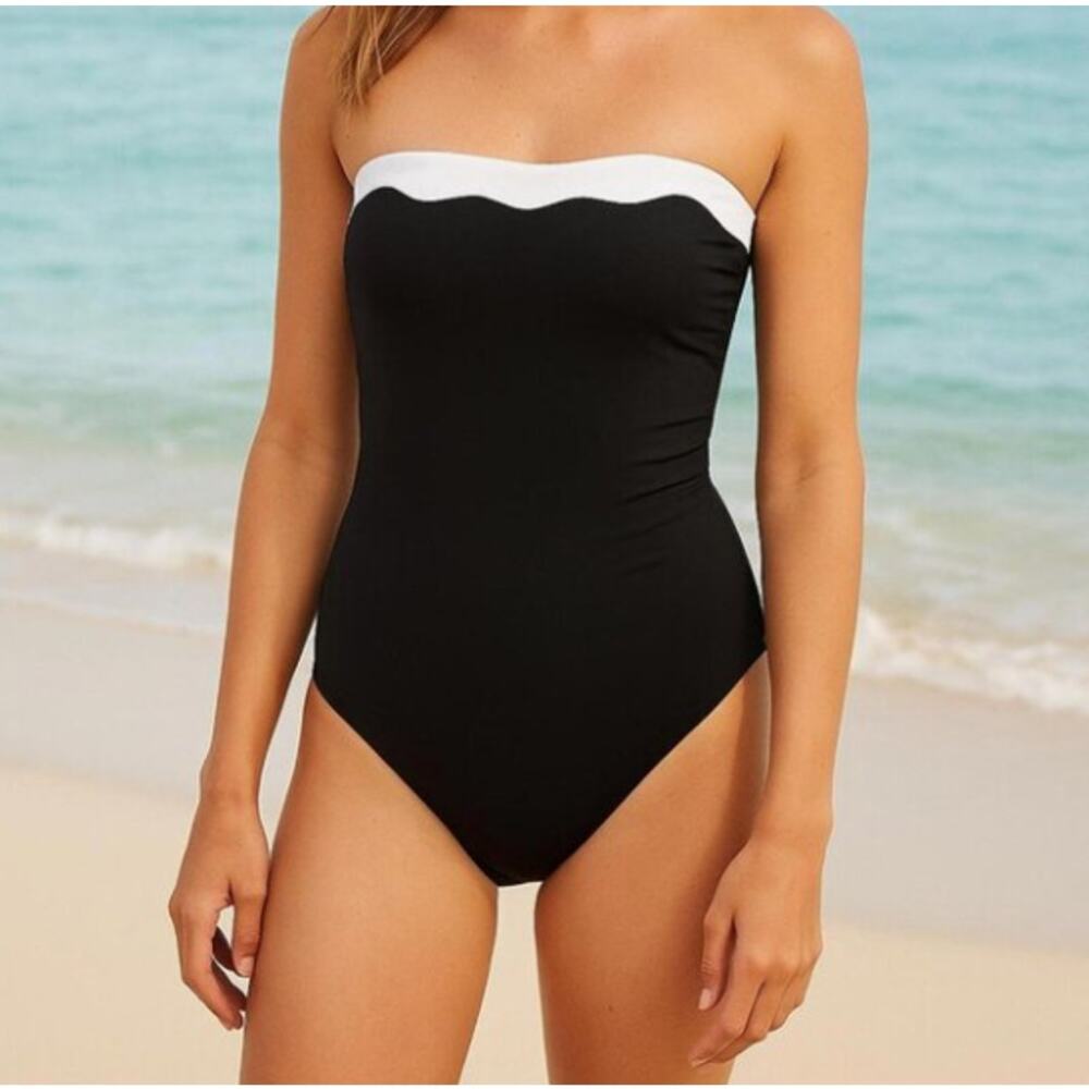 NWT‎ J. Crew Scalloped One Piece Swimsuit Black White Colorblock Sz XS CI109
